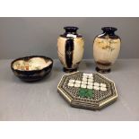 2 Japanese vases and a bowl together with an Indian inlayed games board (please remember to check