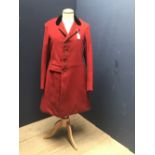 Vintage gentleman's red hunting coat, traditional long length, with black velvet collar, and brass