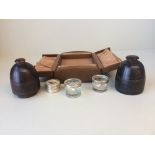 2 C20th Indian treen bell covers/spice holder, pair of glass & silver mounted salts, powder pot, and