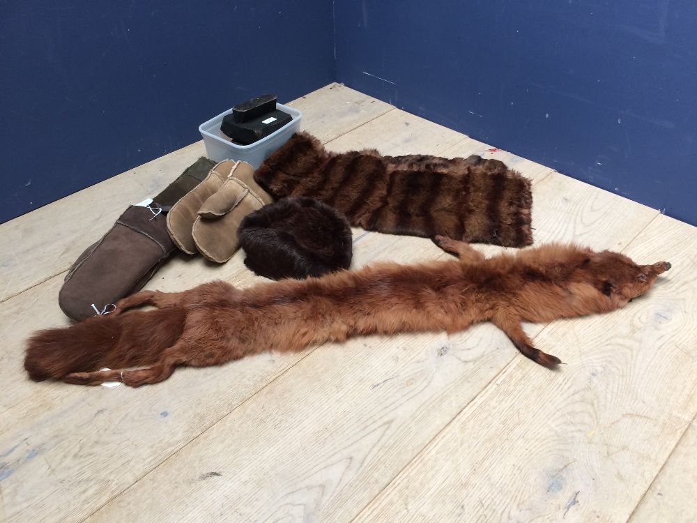 3 Indian printing blocks, 3 pairs sheepskin mittens, fur hat & stole & foxhead skin stole (please