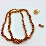 Amber style bead necklace with matching earings & ring size O