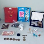 Small collection of world stamps, mixed bag of coins (some silver) & notes etc. Collection of