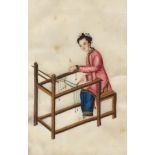 C19th chinese painting on rice paper 'Lady at her loom' 16 x 10 cm