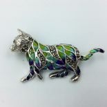 Silver plique a jour cat brooch with ruby collar