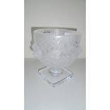 Modernn Lalique stemmed bowl & stand decorated with birds & leaves, the square base engraved with