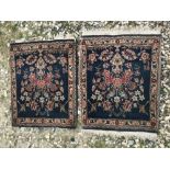 Blue ground prayer mat X 2, with central vase of flowers motif and birds, 66x51cm