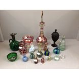 Selection of coloured glass decanters, scent bottles etc mainly Venetian