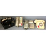 3 x 1960s Telephones, 2 desk, 1 wall mounted & cased polaroid 'swinger' camera