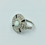 Silver Art Deco style ring set with czs & sapphires & central opal panel