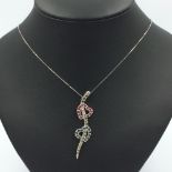 14ct white gold double heart pendant necklace set with rubies, sapphires & diamonds
