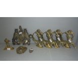4 Brass dragons (22cmH) with chains from their mouth. Brass amorial plaque, brass figure & a crest