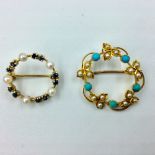 Openwork circular 9ct gold brooch sit in single cut sapphires & pearls & yellow metal turquoise &