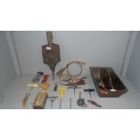 Knife box containing corkscrews, small bellows & 2 brass horns