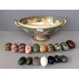 Victorian transfer printed oval bowl on stand filled with polished stone eggs