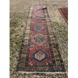 Middle Eastern runner geometric patterns on a red & blue ground 392x95cm 2 Indian silk & wool prayer