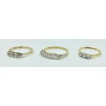 3 18ct gold & diamond rings, 2 3 stone & 1 5 stone ring 6.3g size M/L/S