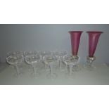 Twist stem champagne saucers, 2 Cranberry coloured vases on white metal & glass bases
