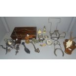 Knife box containing: spurs, stirrups, 2 pewter hip flasks & other collectables