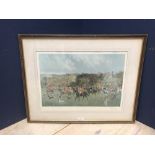 Hunting interest John King, signed equine print of hunting folk with hounds 37.5x53cm