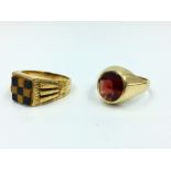 29ct gold gentlemens signet rings, 1 bezel set Garnet & 1 set with onyx & tigers eye 16.9 size T/U