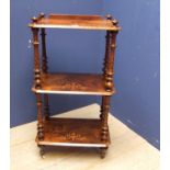 Walnut 3 tier "what-not" with detailed marquetry work & turned columns 56x336x102cm H