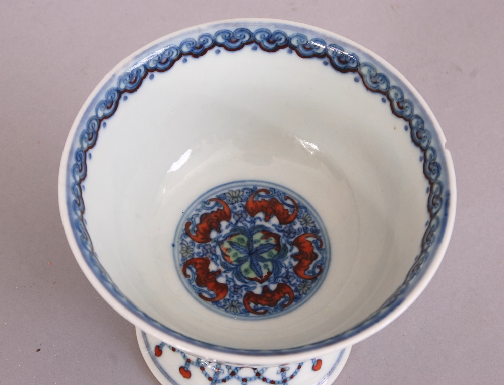 C18th Chinese Doucai stem bowl, painted to the exterior with scrolling lotus flowers and the Eight - Image 3 of 4