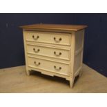 Small white chest of 3 long drawers, painted white with wooden pine style top, 85cmW