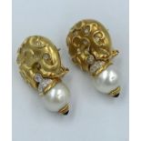 Pair of 18ct gold marked 750 diamond & pearl earrings 38.5g