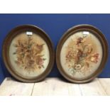 Pair of C19th oval floral silk work pictures in gilt frames 36 X 28cm