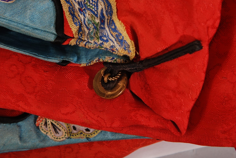 C19th Chinese lady's red silk robe, trimmed in blue and embroidered with auspicious objects, 120cm - Image 11 of 13