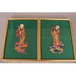 Pair of C19th/20th Chinese embroidered panels, each embroidered with Luohan and mounted in frames,
