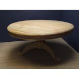 Large circular light oak pedestal table, 150cm diameter (as new)