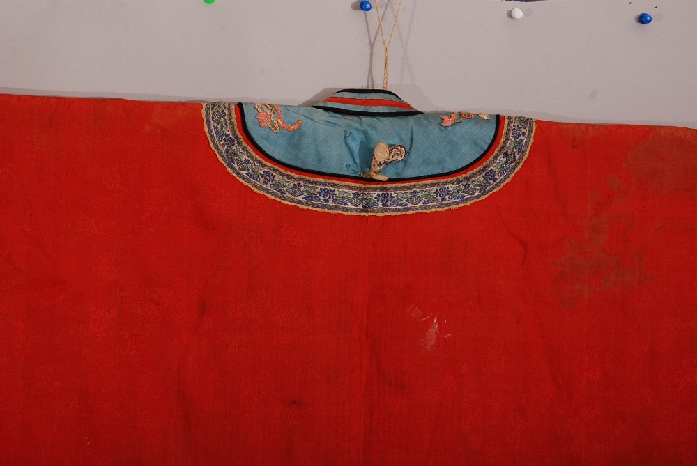 C19th Chinese lady's red silk robe, trimmed in blue and embroidered with auspicious objects, 120cm - Image 9 of 13