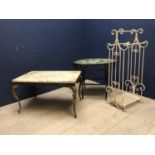 Marble top coffee table with gilt base, wrought iron table with grape design top, and a cream hall