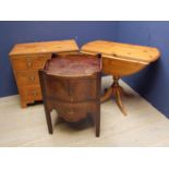 Pine chest of 2 short above 2 long drawers, pine drop leaf table, & mahogany bedside table