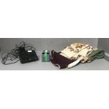 Phone & base, box of curtain rings, bag of tapestry