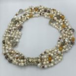 6 row freshwater pearl necklace with semi precious stone spacers