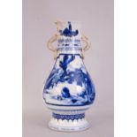 Chinese blue and white twin-handled vase, painted to both side with a panel depicting figures in a
