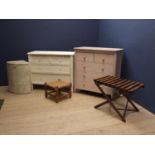 2 white painted chest of drawers, luggage rack, laundry basket, footstool