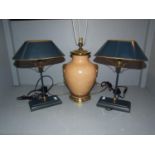 Pair green & gilt table lamps and a large brown and gilt table lamp