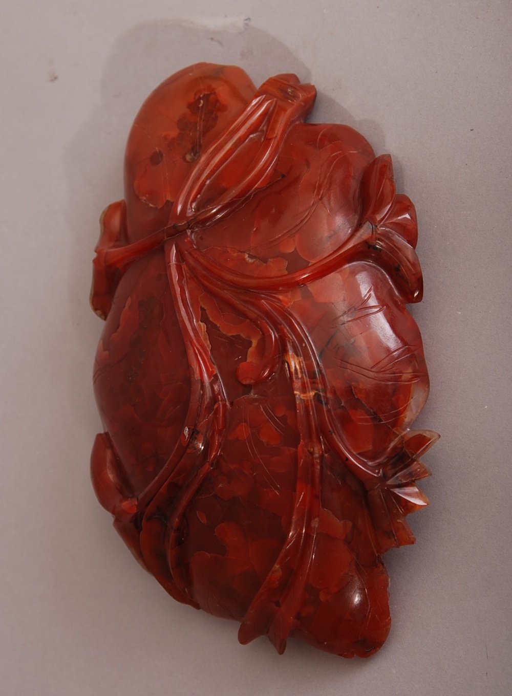 C19th Chinese carnelian agate brush washer, in the form of a large lotus leaf, carved in openwork - Image 2 of 2