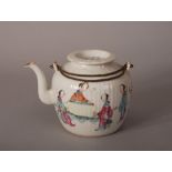 C19th Chinese famille rose teapot and cover, painted with ladies in a courtyard, 18cm wide