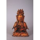 C17th Chinese bronze figure of Guanyin, seated in dhyanasana and wearing an ornate crown and long