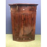 Regency crossbanded mahogany bow front corner cupboard with base drawer, 90Wx126cmH