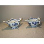 Near pair of Chinese blue & white double lipped, 2 handled sauceboats, one bears label Nankin 1755