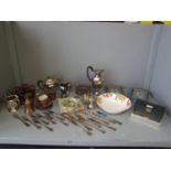 Qty of plate, Turkey pink glass coffee cups in copper holders & with saucers, onyx table lighter &