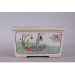 C19th Chinese famille rose rectangular jardiniere, painted to the long sides with two ladies on a