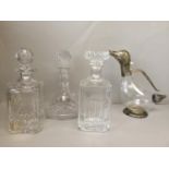 Modern silver plated and glass duck claret jug Modern ships decanter & 2 square based decanters