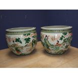 Pair large Chinese famille verte fishbowls, decorated with fidh to the inside and figures amid