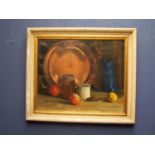 C20th oil on canvas, still life "Copper bowl fruit,spoon & jars on table" 51x62cm